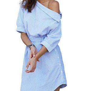 Half Sleeve One Shoulder Striped Shirt Dress